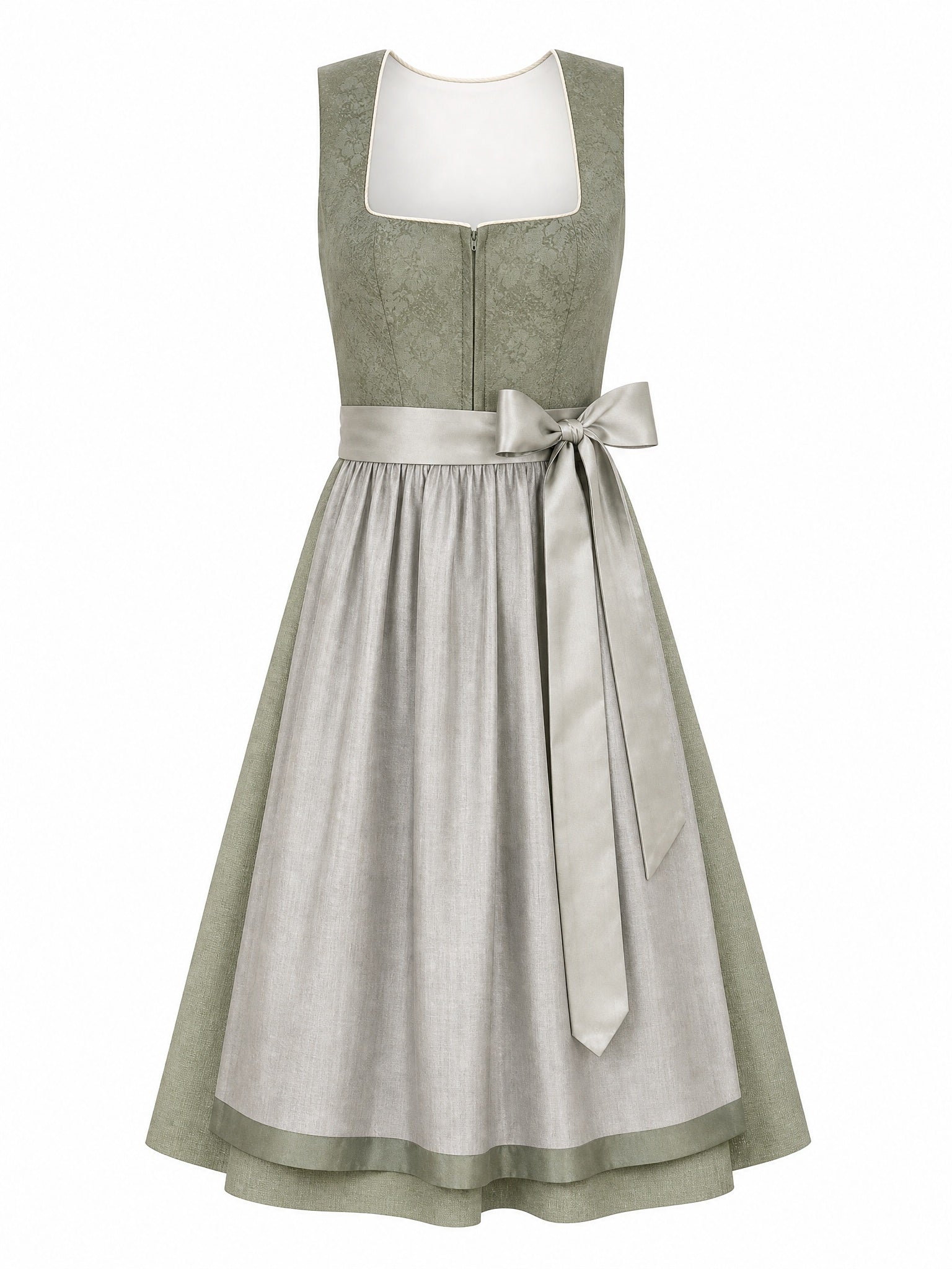 Dirndl Rica in Salbeigrün mit Perlgrau Schürze - Vorderansicht